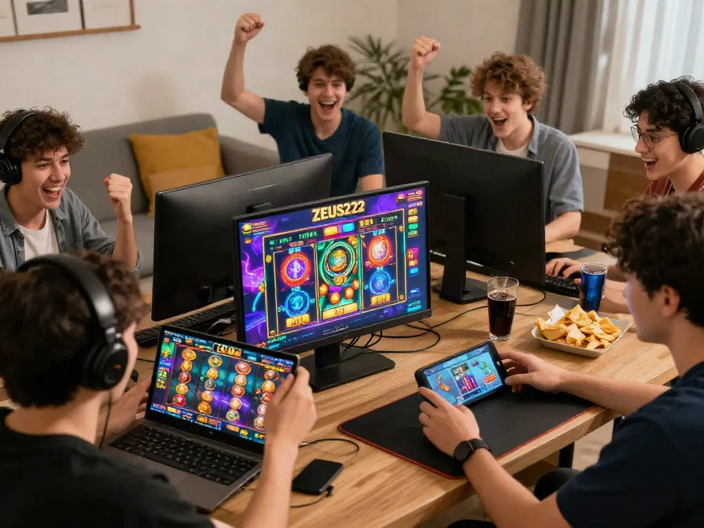Pengguna ZEUS222 merayakan kemenangan besar dalam permainan slot online dengan teman-teman, menciptakan suasana penuh kegembiraan.