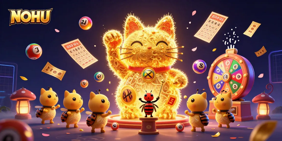 Experience the excitement of NOHU with a vibrant lottery scene filled with golden fireflies and casino symbols.