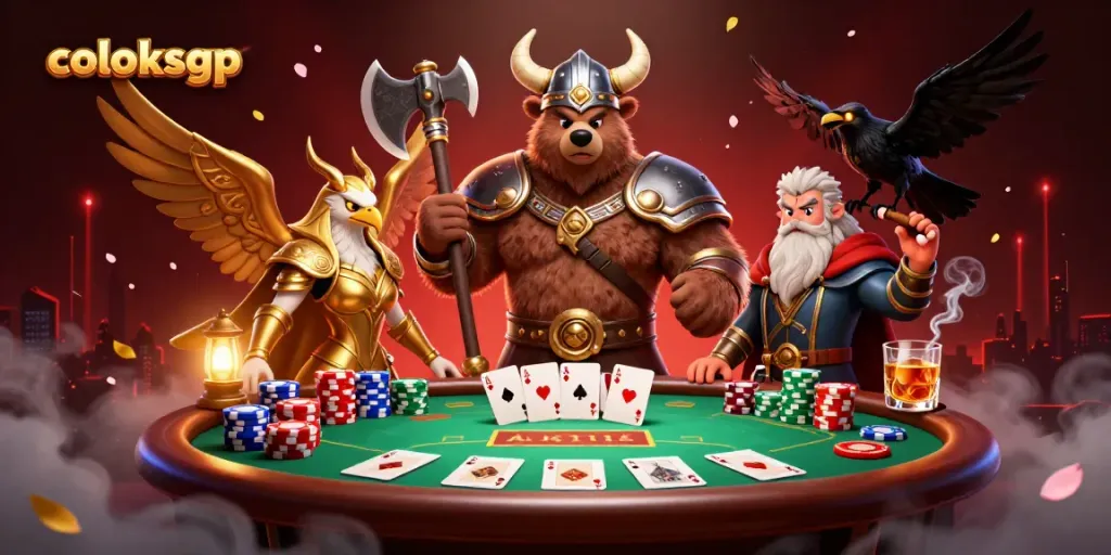 Coloksgp menampilkan beruang Viking bertarung di atas meja poker dengan chip warna-warni.