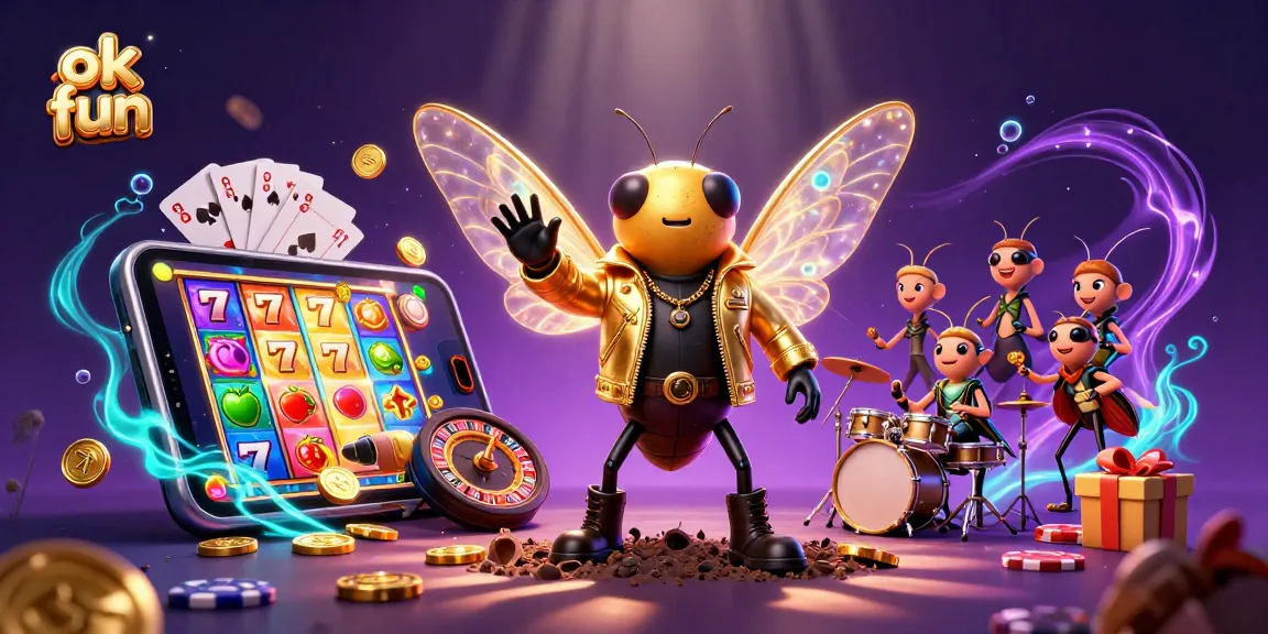 Spin the reels with ok fun in this vibrant 3D casino illustration showcasing characters and games.