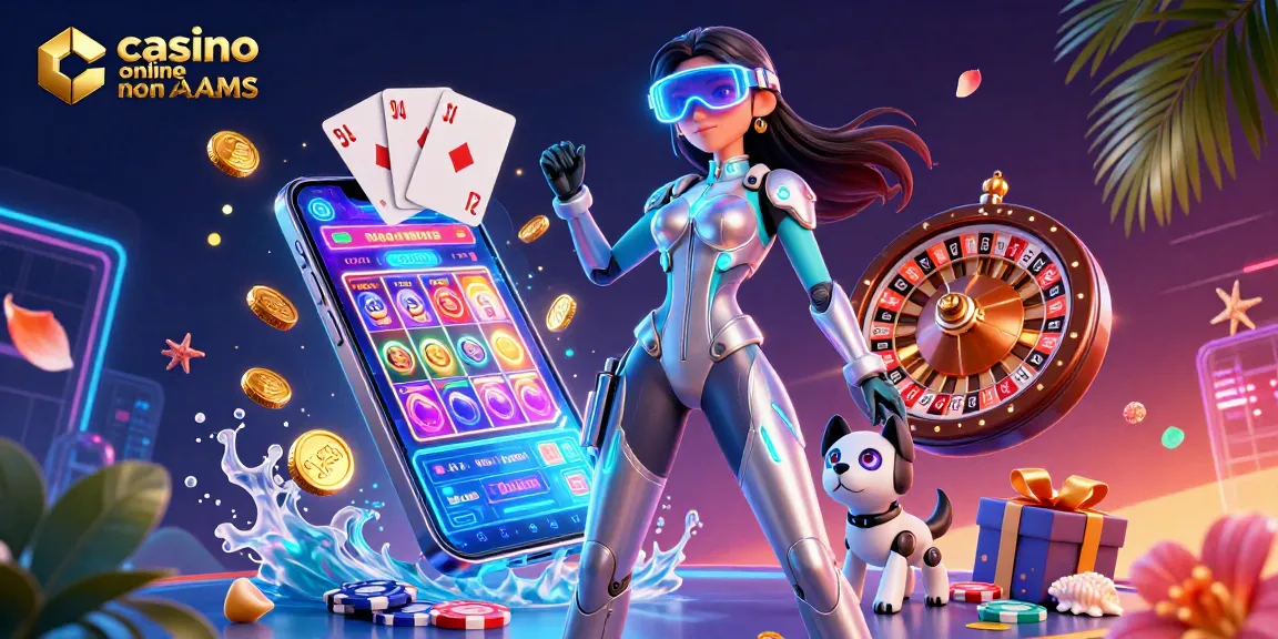 Partecipa a un emozionante gameplay con casinò online non AAMS, con una donna e un cane robot tra rulli di slot che girano e elementi vibranti di casinò.