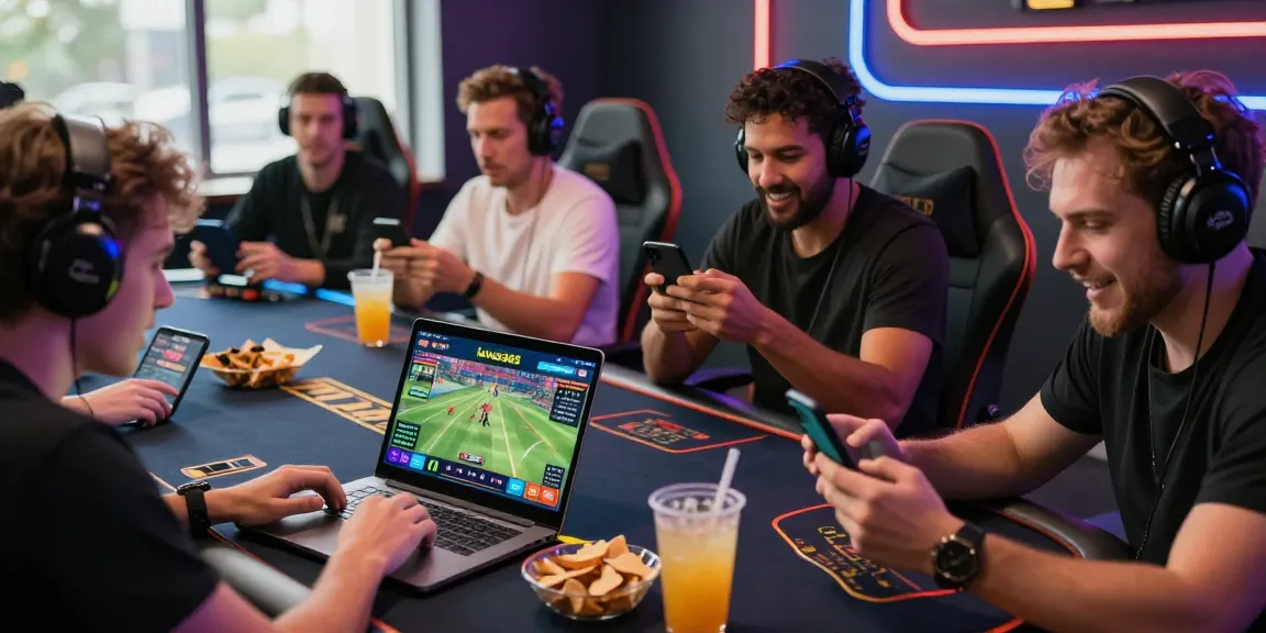 Engaged players enjoying the lotus365 gaming platform in a vibrant modern setting, showcasing competitive excitement.