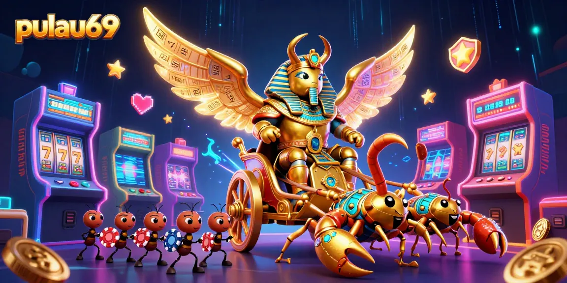 Engage with pulau69 while experiencing a lively casino adventure featuring a golden scarab beetle and vibrant gaming elements.