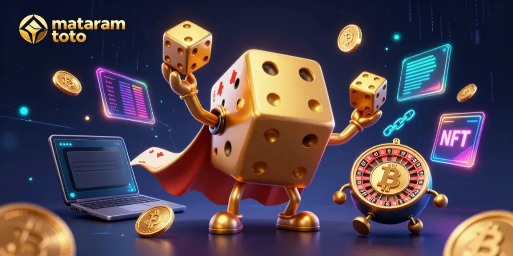 Experience the thrilling mataram toto casino ambiance with golden dice characters and neon coins.