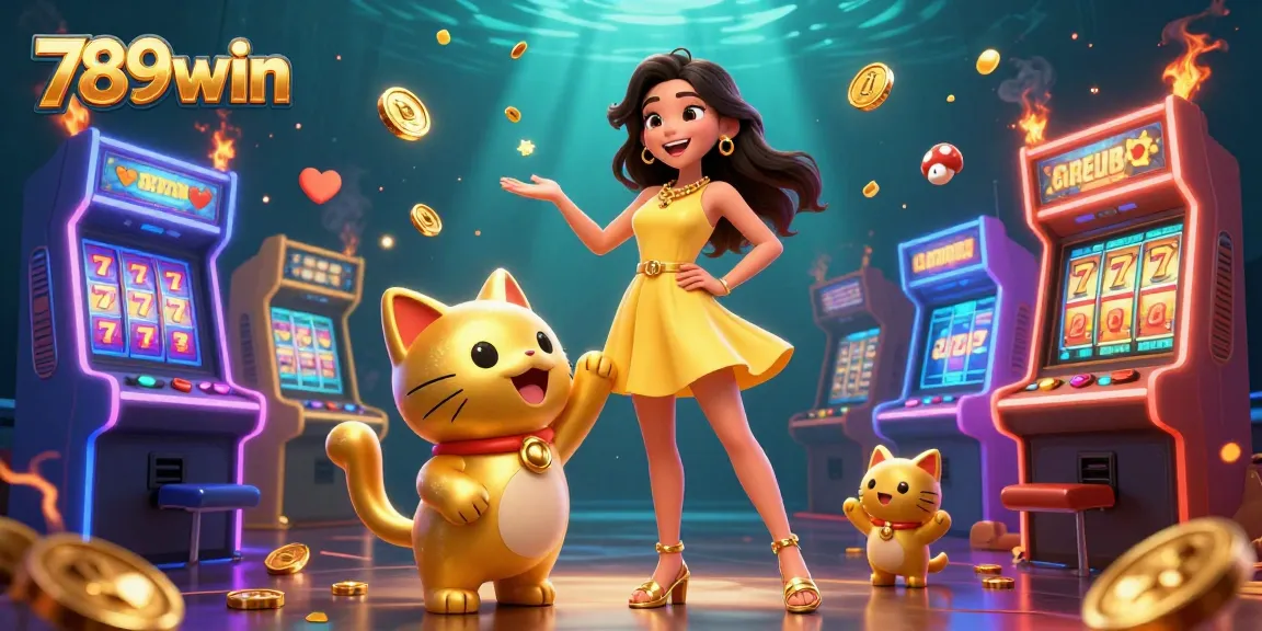 Experience the excitement of 789win with a lively casino scene featuring a cheerful Asian woman and a lucky cat.