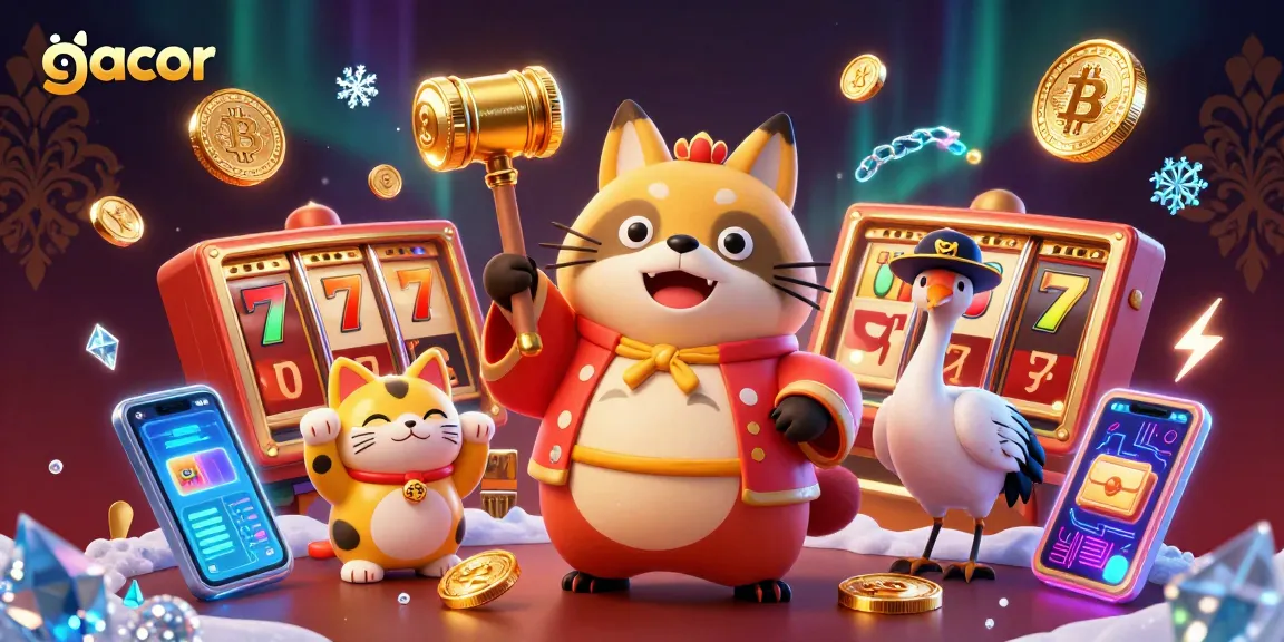 Engage with gacor slots featuring lucky tanuki and vibrant casino elements in a festive scene.