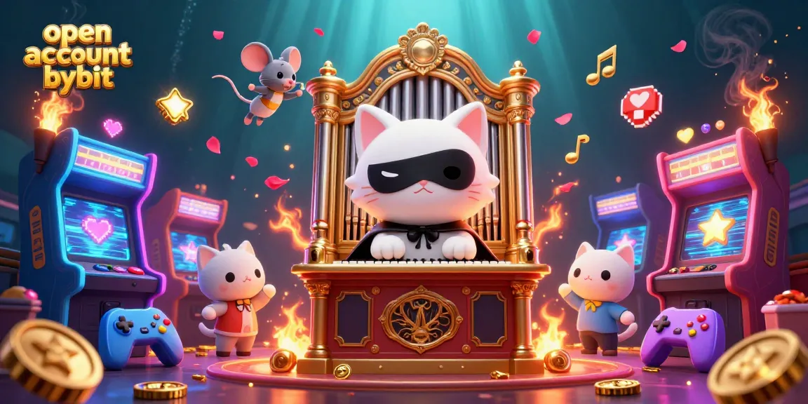 Open account bybit for crypto trading with a whimsical cat and treasure-filled casino scene.