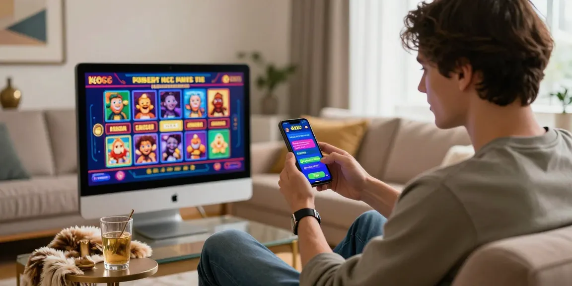 Excited user enjoying KO66 app on smartphone in a cozy living room.