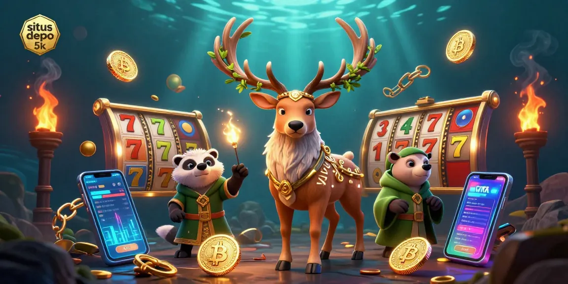 Situs depo 5k scene with a Celtic stag and a wise badger amidst slot reels and crypto coins.