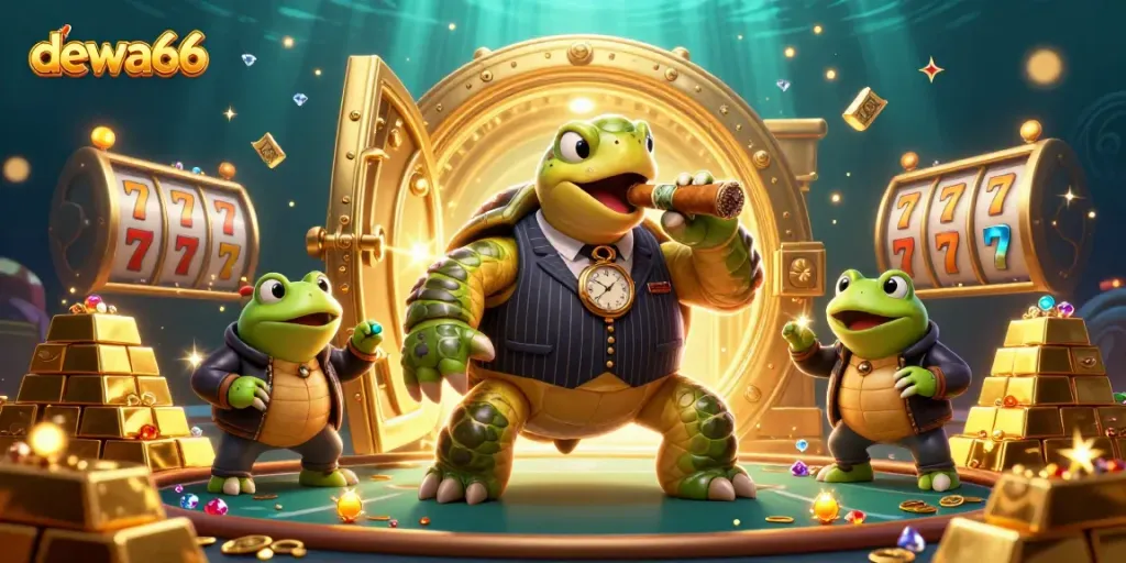 Engage with the vibrant dewa66 casino experience, showcasing a cartoon snapping turtle surrounded by slot reels and treasures.