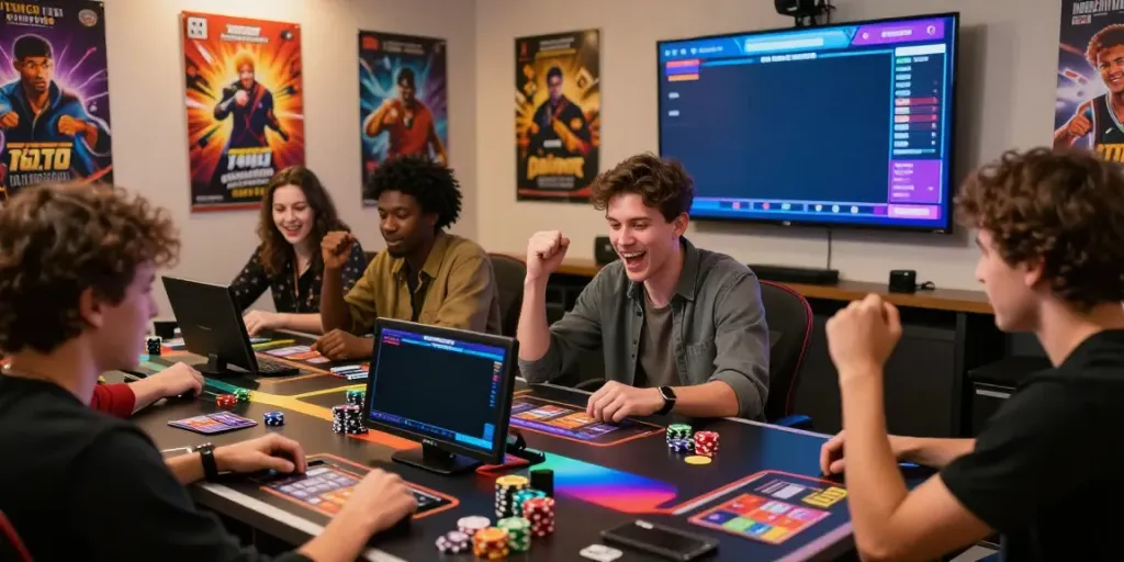 Excited players enjoying a Toto game session at home with colorful chips and digital scoreboard.
