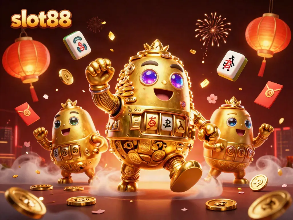 Mainkan slot88 dengan pengalaman menarik melalui ilustrasi 3D yang menampilkan elemen permainan dan koin emas.