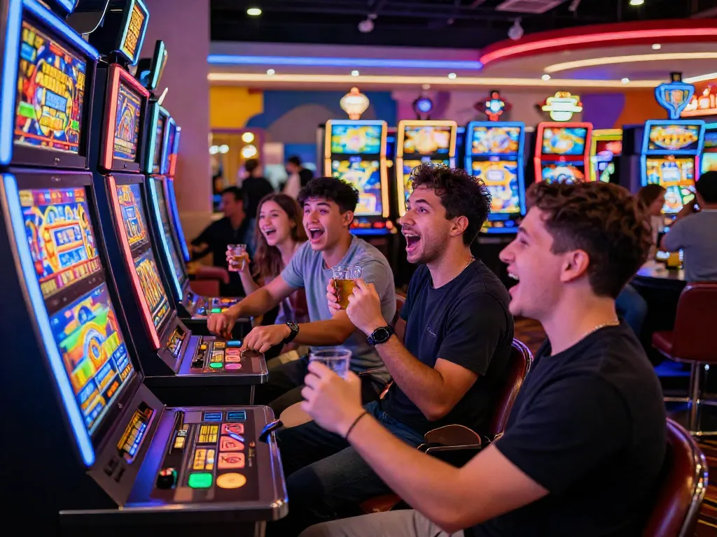 Excited players engaging with a brightly lit slot machine in a bustling casino atmosphere.