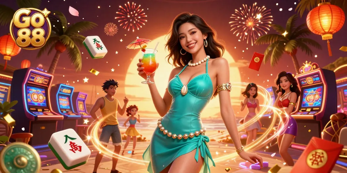 Experience the excitement of Go 88 as a glamorous Asian woman celebrates with casino games.