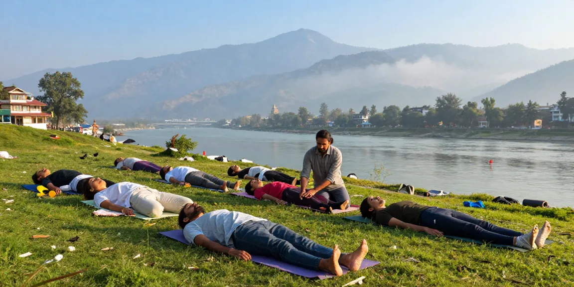 Yoga teacher training in Rishikesh India, students practicing yoga poses with instructor in serene natural setting.