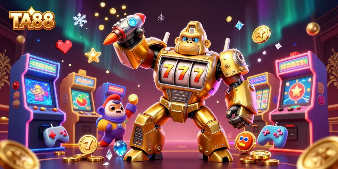 Bet on excitement with the TA88 golden gorilla mech and slot machines, showcasing dynamic casino treasures.