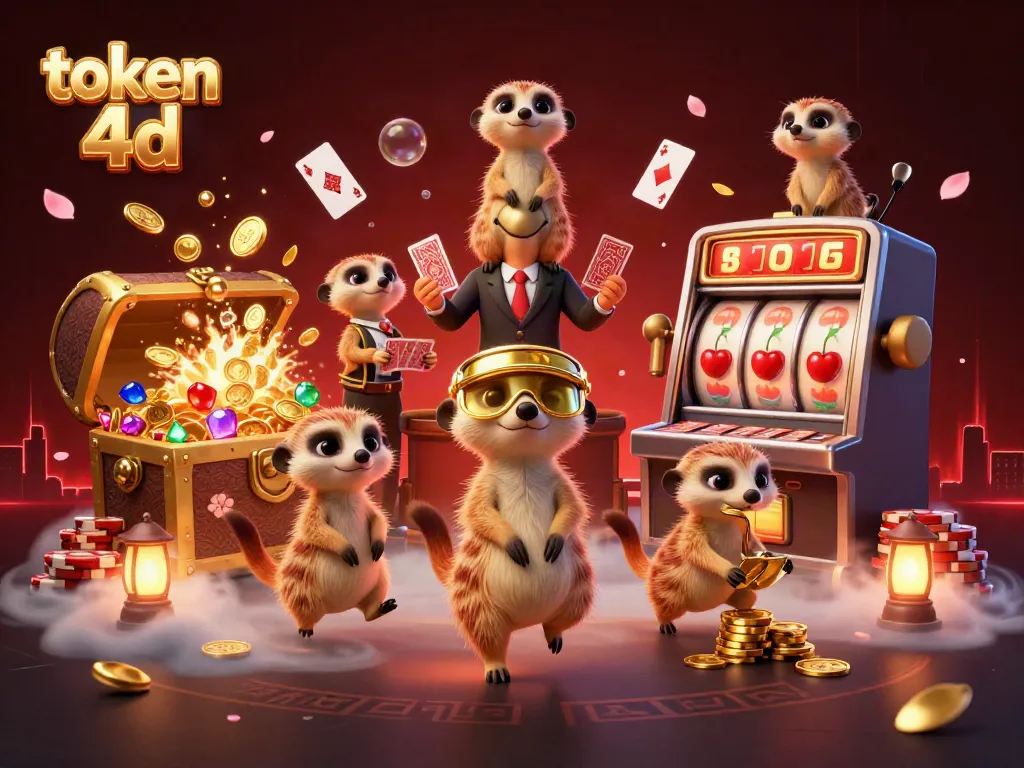 Koloni meerkat menjalankan kasino dengan elemen token 4d yang berwarna-warni, menciptakan momen menang.