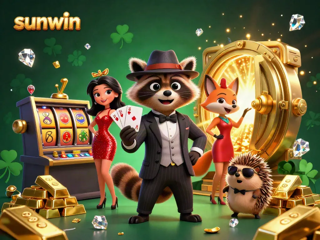 Experience the thrilling sunwin slots with our charming raccoon, fox, and hedgehog characters in a vibrant casino.