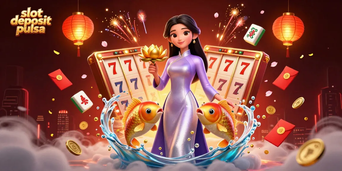 Win big with slot deposit pulsa in this vibrant 3D casino scene featuring Asian motifs.