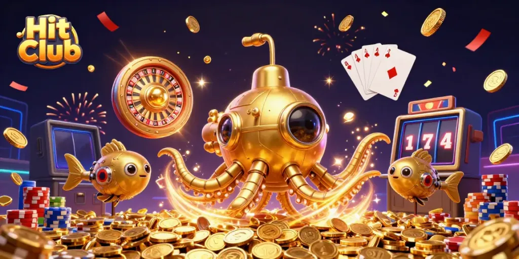 A dynamic Hit Club scene featuring a golden kraken submarine amidst coins, celebrating with casino elements.