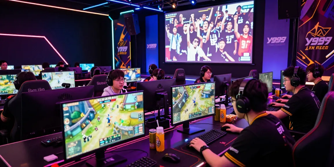 Players intensely competing in y999-game at a lively esports arena, vibrant lights and atmosphere