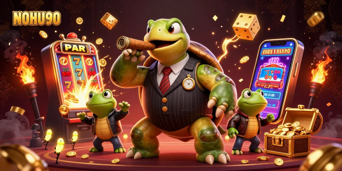 Engage with NOHU90's vibrant casino scene featuring a snapping turtle and bullfrog enforcers amidst slot machines.