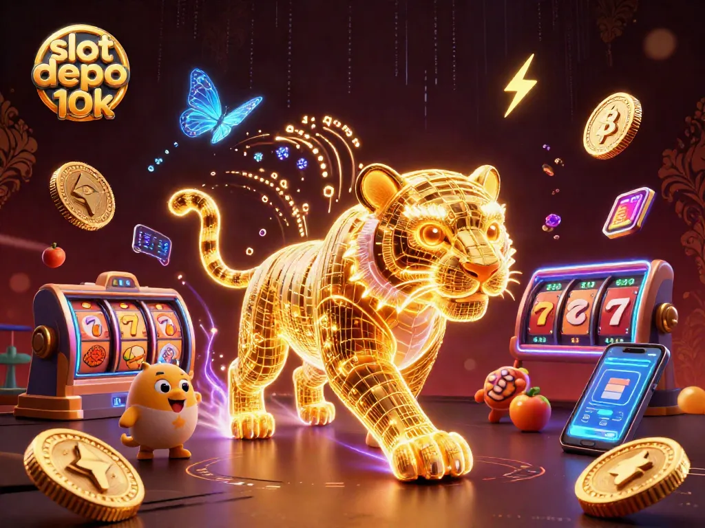 Engage with slot depo 10k at a vibrant digital casino featuring a golden tiger and crypto elements.
