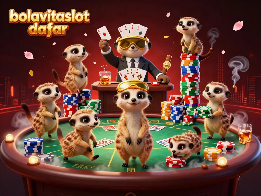 Experience the excitement with bolavitaslot daftar as meerkats handle casino operations, showcasing vibrant poker action.