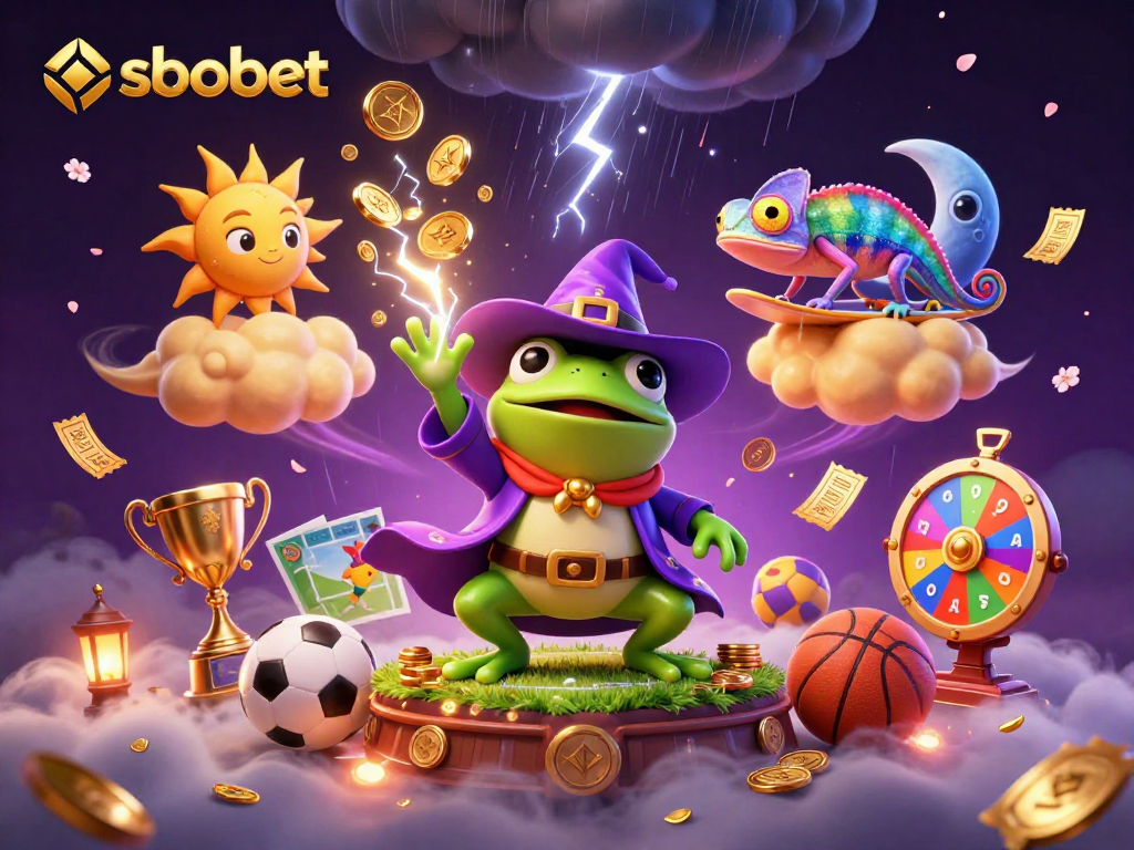 Experience sbobet sports betting action with lively characters amidst a celebration of golden coins and trophies.