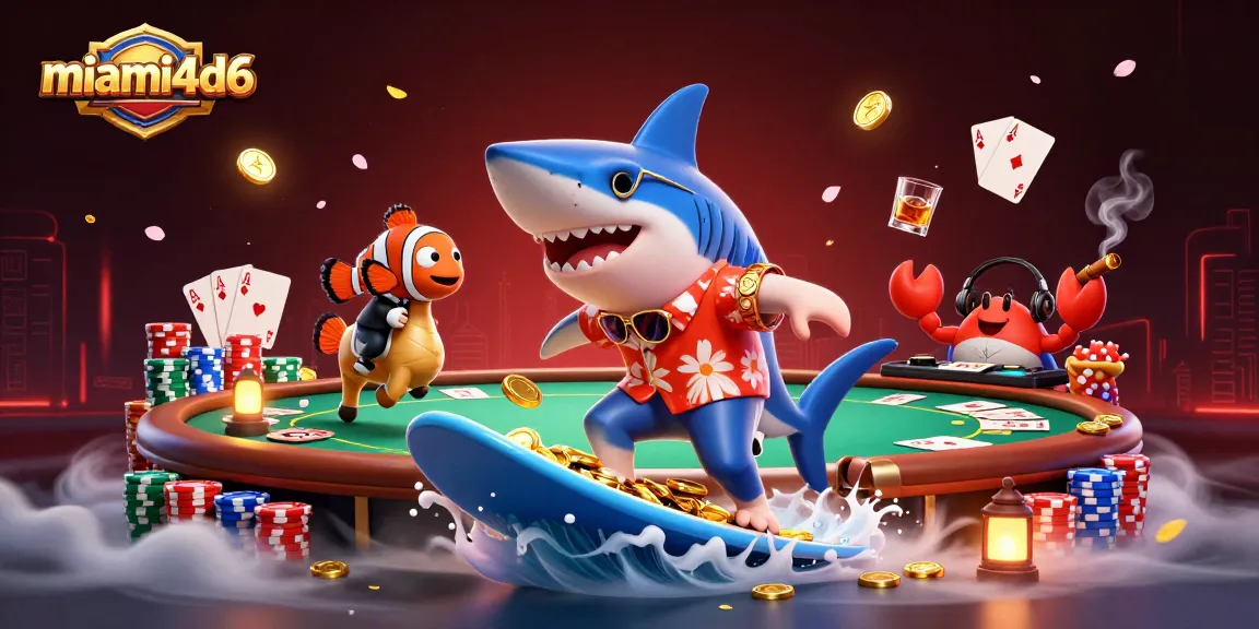 Join the adventure with miami4d6 as a shark surfs gold coins surrounded by poker elements!