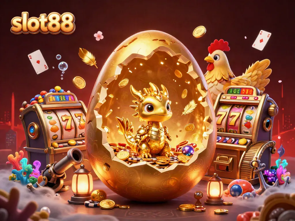 Slot88 menghadirkan ilustrasi mendebarkan dengan naga emas yang melindungi cip poker dalam suasana kasino yang penuh warna.