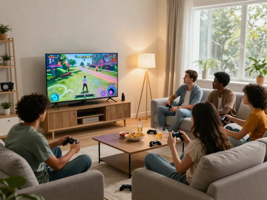 Teman-teman bermain game KONEK4D x GRANDBET88 dengan nyaman, menampilkan suasana santai dan aksesori game yang menarik.