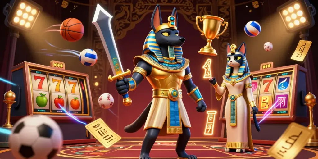Spin slot reels with Anubis and Bastet in a vibrant casino scene filled with excitement.