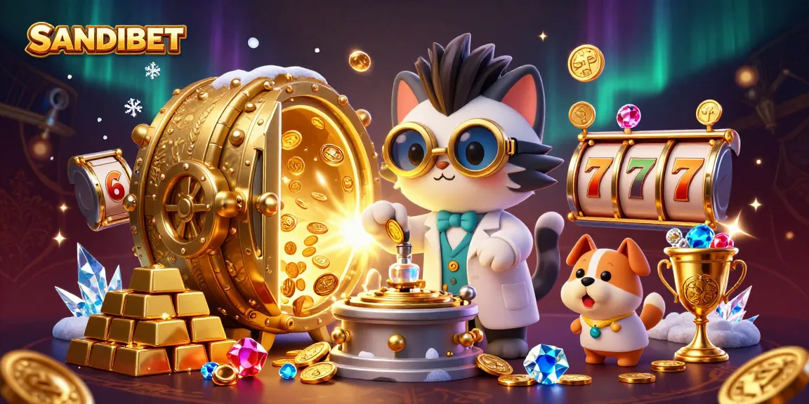 Experience the thrill of SANDIBET with a mad scientist cat and slot reels amidst a dazzling gold explosion.