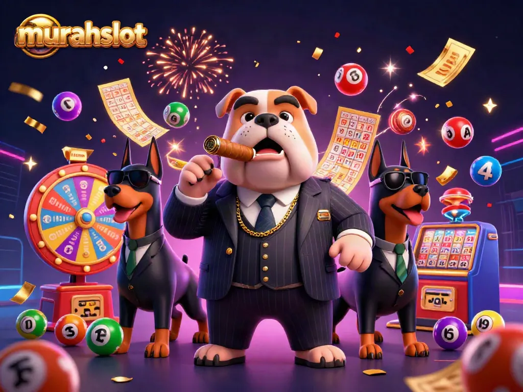 Menangkan jackpot di murahslot dengan suasana meriah penuh bola lotere dan koin emas.