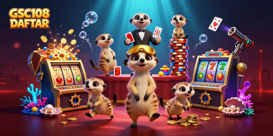 Experience GSC108 DAFTAR with meerkats managing a vibrant casino, showcasing lively games and excitement.