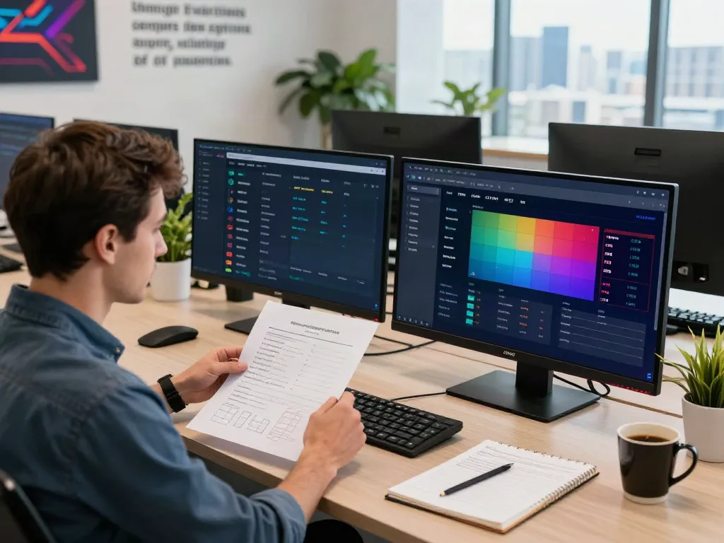 Analyst evaluating gaming operators for OperatoriuGidas in a modern office.