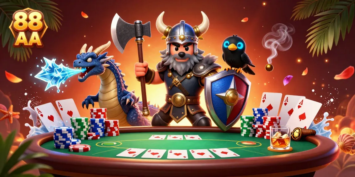 Experience an exhilarating 88 AA poker showdown with a Viking wolf warrior, dragon, and raven!