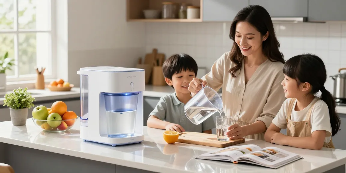 Family enjoying refreshing water from the Waterdrop 40 Cup Dual Filter Dispenser in a bright kitchen.
