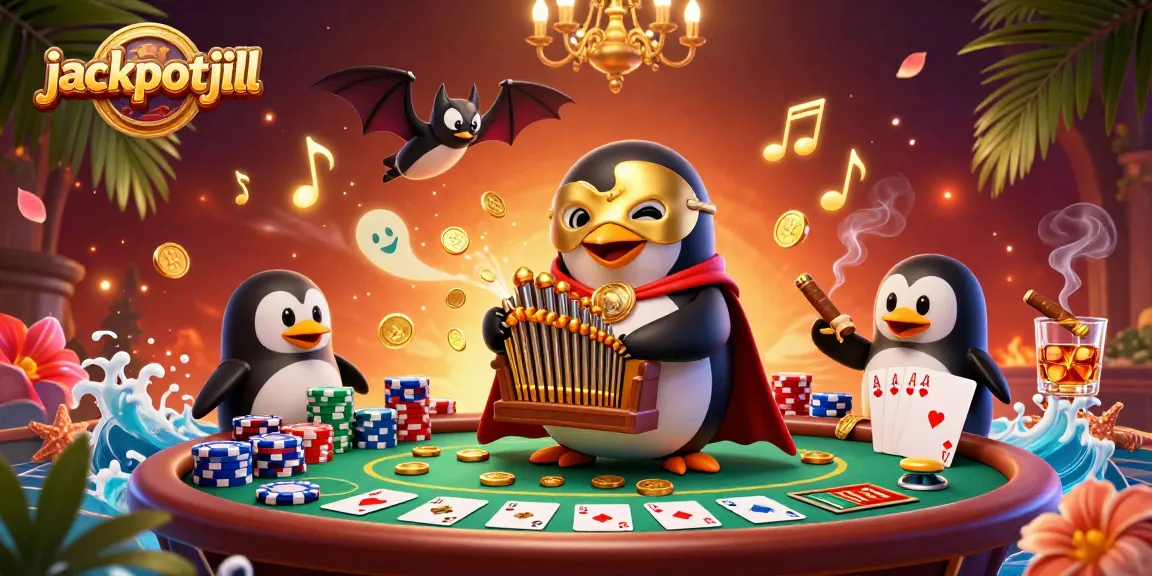 Join the jackpotjill experience with a vibrant casino scene featuring a phantom opera penguin and poker elements.