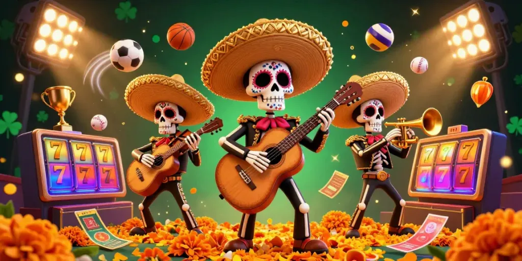 Engage with thrilling slot777 games in this vibrant 3D illustration featuring day of the dead mariachi band.