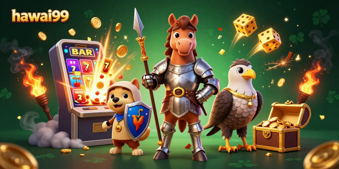 Experience the excitement of hawai99 with a 3D medieval gaming scene featuring knights and vibrant casino elements.