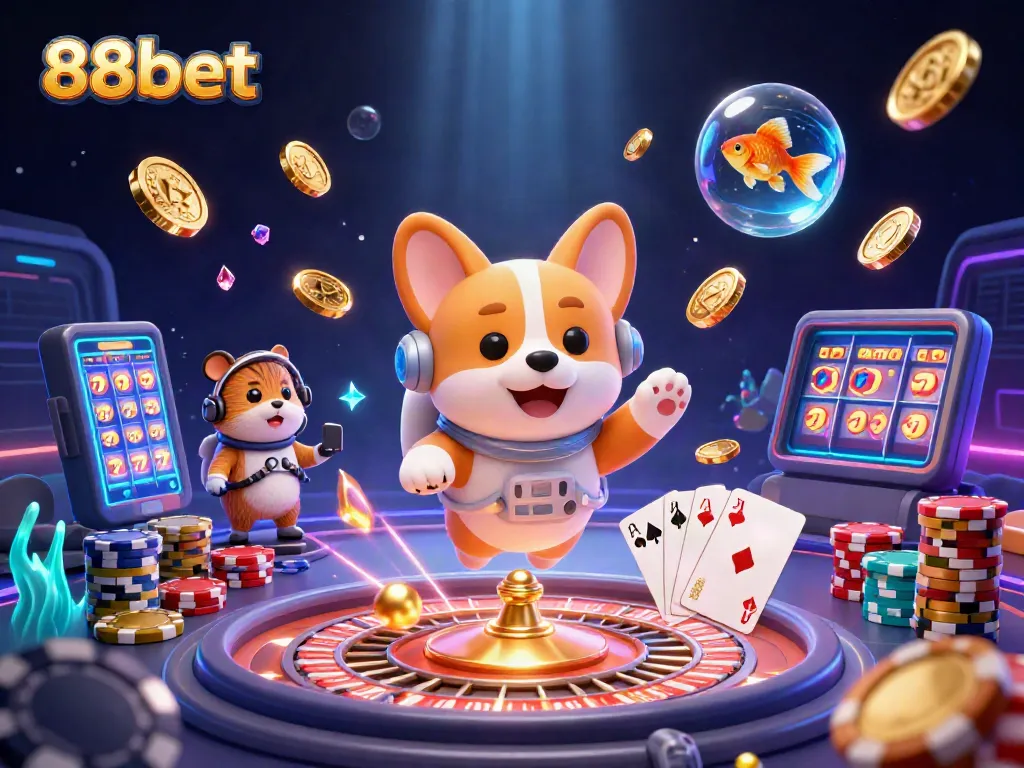 Engaging 88bet casino illustration with a cartoon astronaut corgi and vibrant gambling elements.