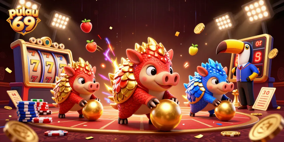 Pulau 69 showcases vibrant 3D pangolins competing in a dynamic casino scene filled with symbols of luck and excitement.