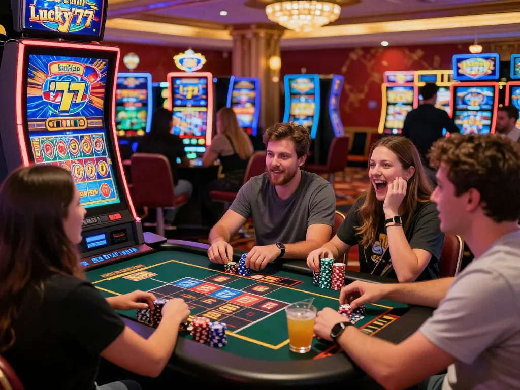 Players enjoying the Lucky777 slot machine in a lively casino atmosphere