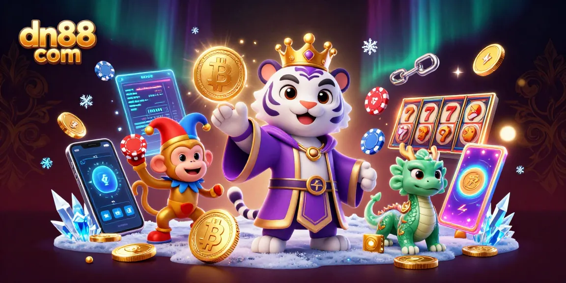 Engage with dn88 com's vibrant gambling scene featuring a regal tiger, jester monkey, and glowing crypto elements.