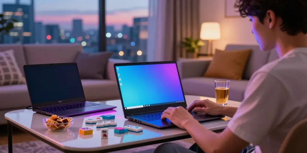Gamer asyik bermain Mahjong Ways 2 di ruang tamu modern dengan cahaya LED dan kota di luar jendela.