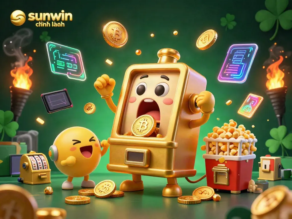 Experience the vibrant world of sunwin chính hãng with a cheerful golden slot machine celebrating its jackpot win amidst dazzling digital elements.