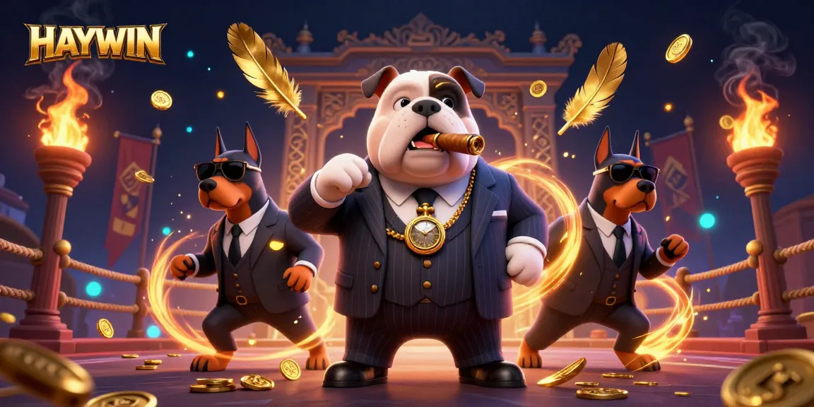 HAYWIN showcases thrilling casino action with a cartoon bulldog boss and dynamic game elements.