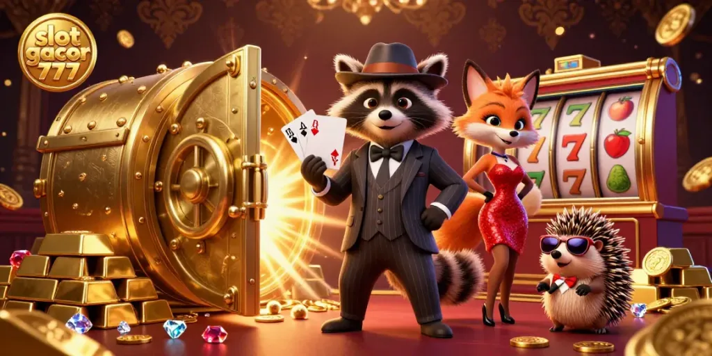 Ilustrasi 3D menggambarkan slot gacor 777 dengan rakun, rubah, dan landak di kasino, penuh harta.